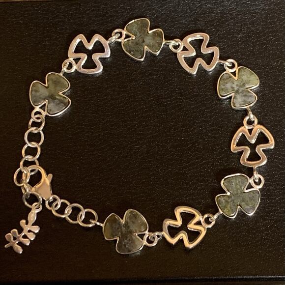 Connemara Marble Sterling Silver Shamrock Link Bracelet Vintage Ireland - Picture 1 of 9